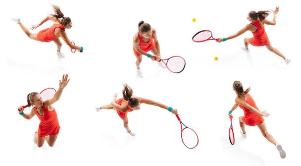 Collage. Sportive woman, professional tennis player hitting ball with racket, training isolated over white studio background. Concept of sport, health, action, hobby, lifestyle. Copy space for ad - 写真・画像