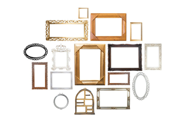 Multiple empty frames with different colors and textures, isolated on white background - Photo, Image