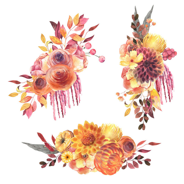 Set of watercolor red and yellow autumn flowers (roses, dahlia, amaranth), berries and plants, fall floral compositions, autumn floral clipart, isolated illustration on white background - 写真・画像