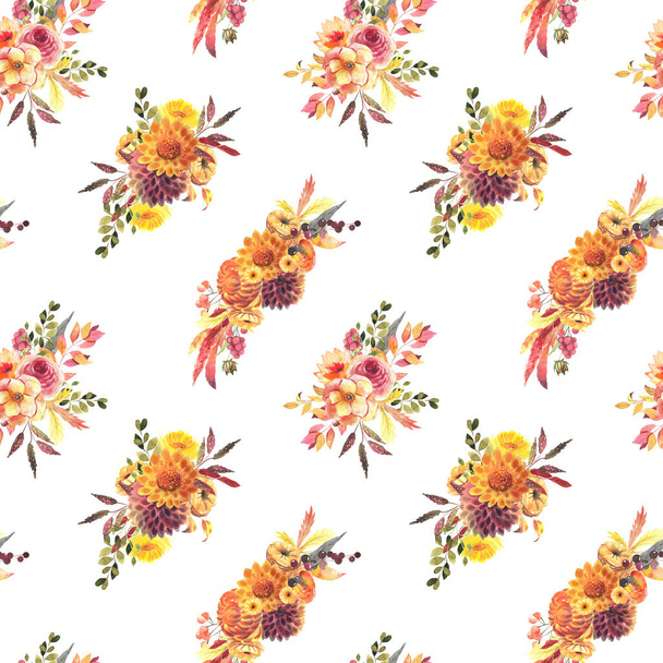 Seamless patterns of watercolor autumn flower arrangements, fall floral print, illustration on white background - Foto, imagen