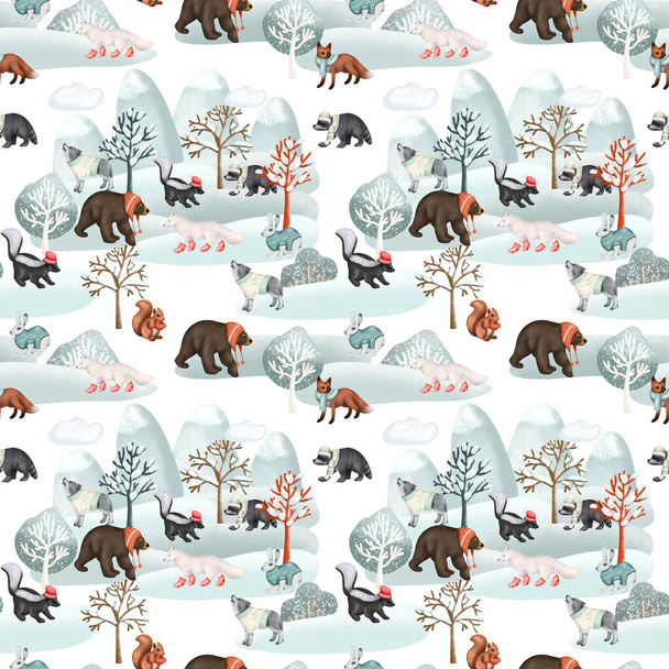Seamless pattern of woodland animals in warm clothes in winter forest landscape, forest cute characters print, illustration on white background - Photo, image