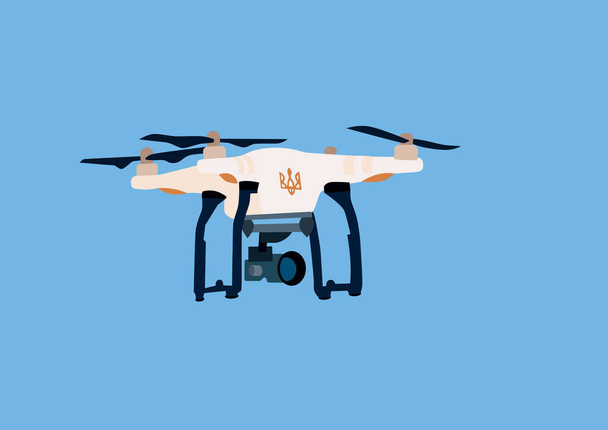 illustration of remote controlled military drone with ukrainian trident symbol and video camera on blue background  - Vecteur, image