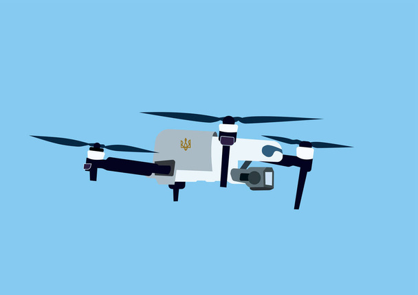 illustration of modern military unmanned aerial vehicle with video camera with ukrainian trident on blue background - Vettoriali, immagini