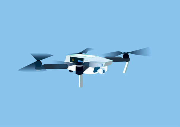 illustration of military quadcopter with ukrainian trident symbol and video camera on blue background - Vector, imagen