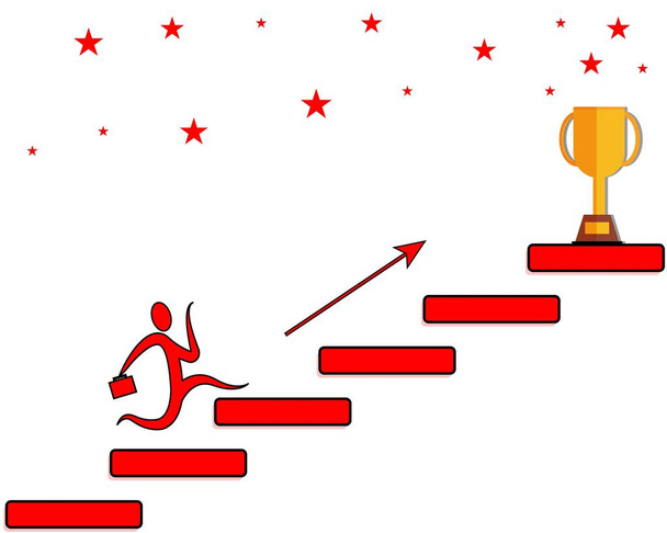Symbol of ambition, success and achievement. Way to get Success Concept. Stairway to Success . Stairs to success. Businessman is walking to the winner cup - ベクター画像