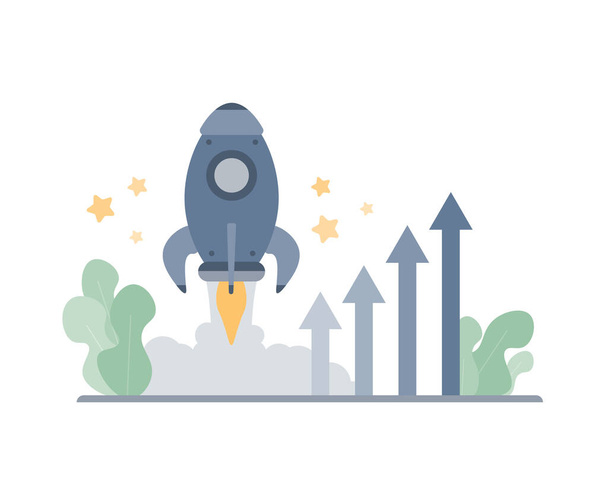 Rocket with arrows going up, personal and career development. Concept of fast growth and boost. Cartoon minimal style. - Wektor, obraz