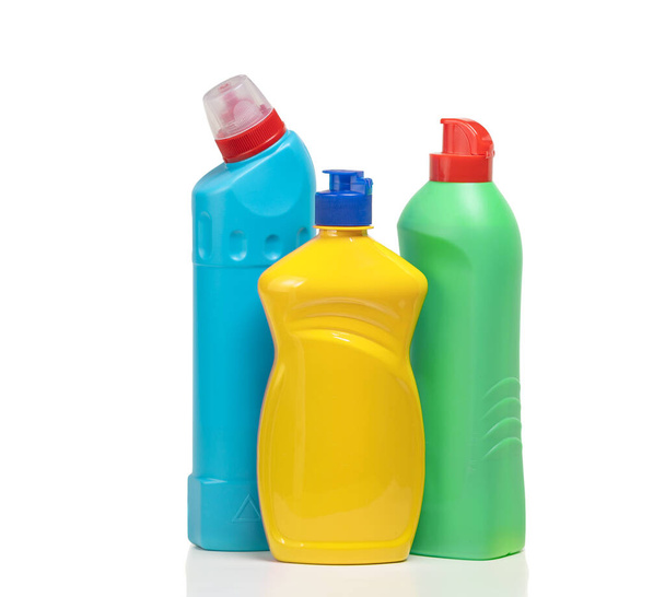 Household cleaning products in plastic bottles isolated on a white background. Colorful plastic bottles product mockup. - Fotografie, Obrázek
