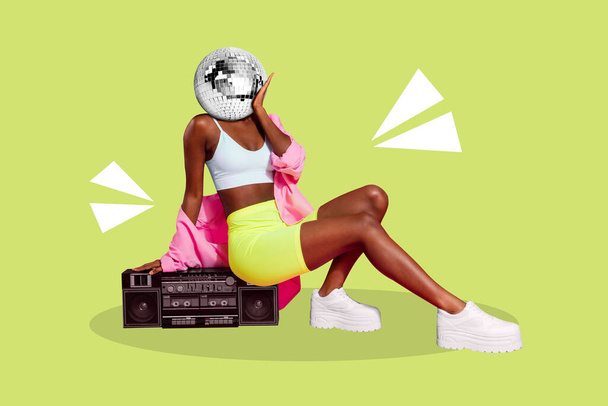 Poster collage of lady sit on boombox disco ball instead head isolated on drawing green color background. - Fotó, kép