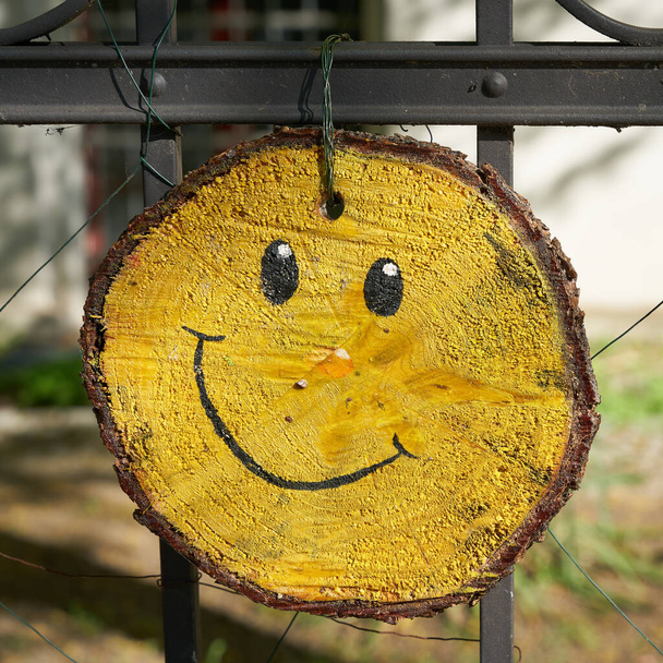  Деревянный диск с нарисованным на нем лицом, как приветствие висит на заборе в саду                               - Фото, изображение