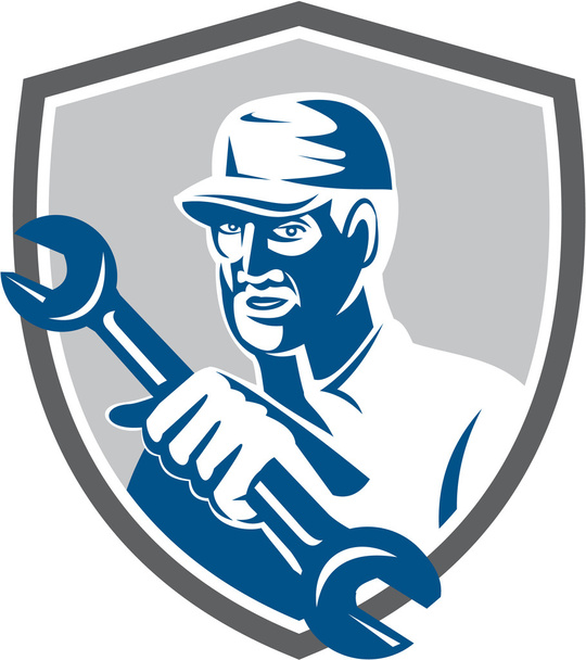 Mechanic Holding Spanner Wrench Shield Retro - Vector, Image