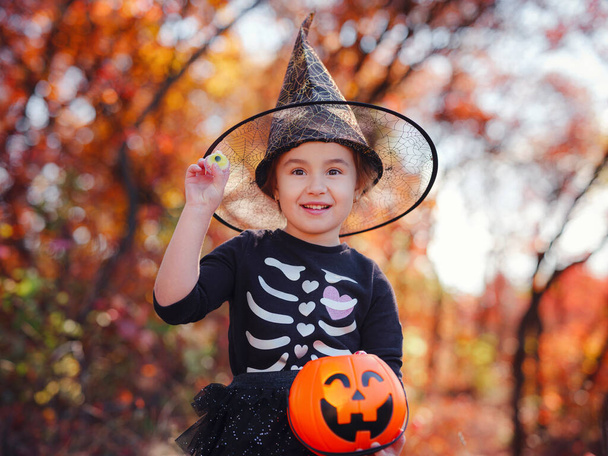 Young girl in black costume goes trick or treating. Little witch, Kids with jack-o-lantern. Children with candy bucket in fall forest. Happy Halloween. - Zdjęcie, obraz