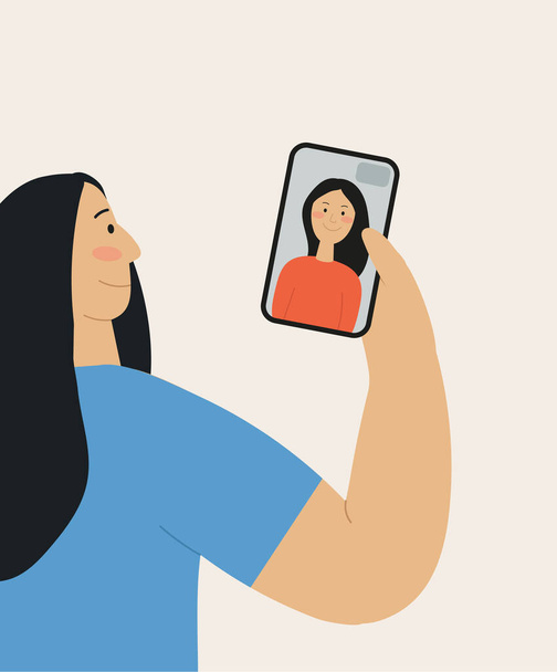 Online communication concept. A woman talks via video with a friend on the Internet using phone. Distance, self-isolation, quarantine. Video Call Flat vector illustration. Virtual conference - Vettoriali, immagini