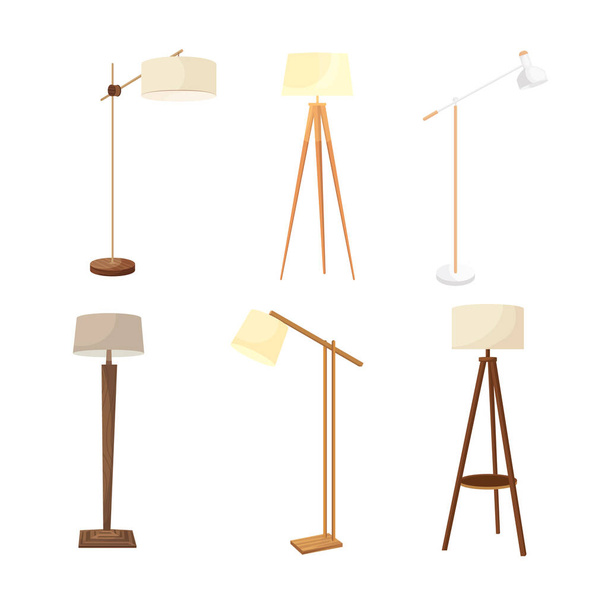 Set of cartoon lamps, floor and table torcheres with different lampshades on long and short stands. - Vecteur, image