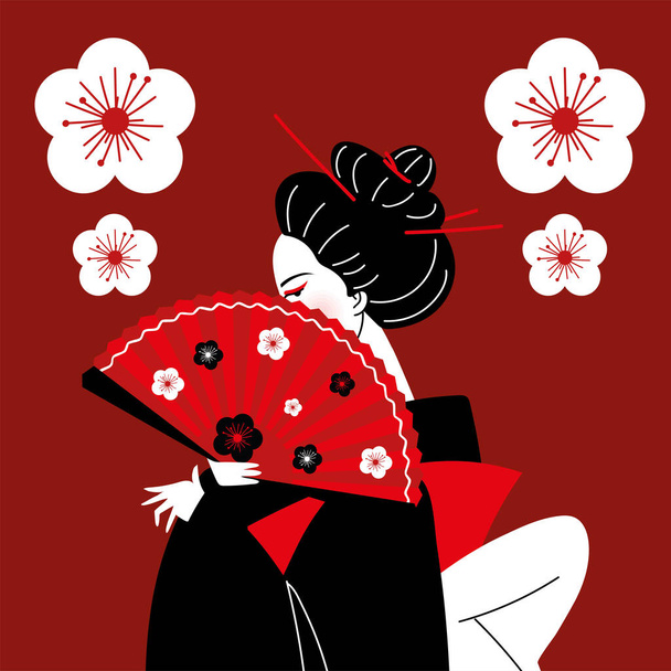 красивая гейша японская женщина с веером - Вектор,изображение