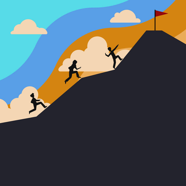 Group Of People Climbing On Mountain To Reach Goal With Flag On Top. - Vetor, Imagem