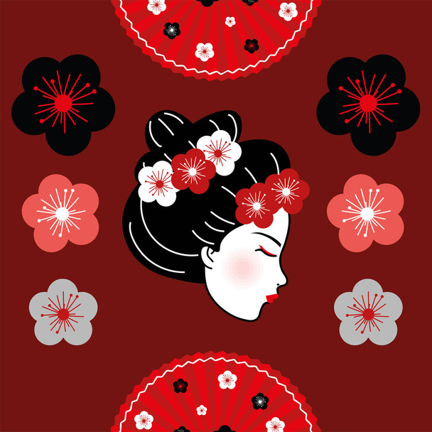 geisha with flowers in hair, design - Vektör, Görsel
