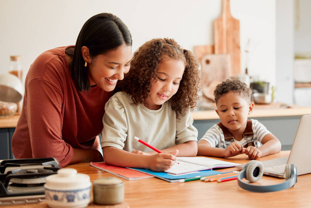 Mother teaching, learning and education with child studying, doing homework or writing in book during an at home lesson or homeschooling. Daughter in early childhood development enjoying fun activity. - Photo, Image