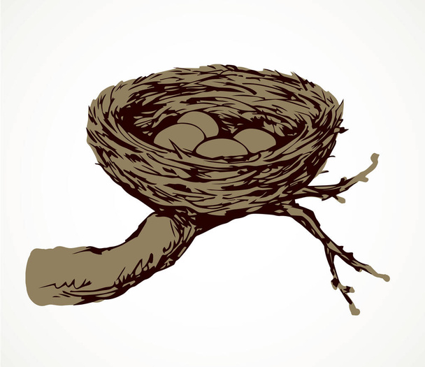 New twig woven eco birdnest on white backdrop. Line black ink hand drawn birdie embryo food object logo emblem sketchy in retro art doodle style pen on paper space for text. Closeup outline april view - Vector, Image
