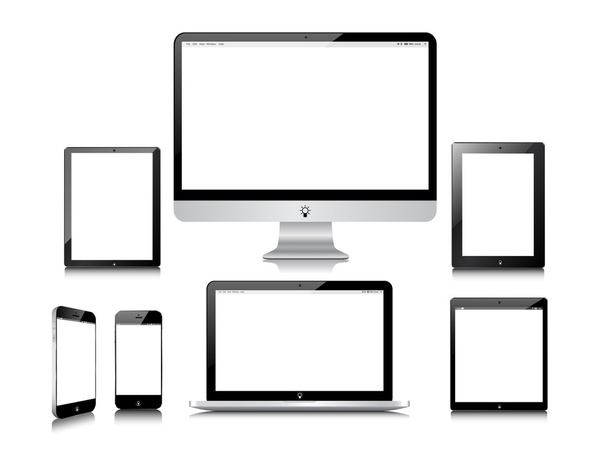 Communicator Set Desktop PC Tablet Smartphone und Notebook Computer - Vektor, Bild