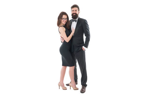 male tuxedo fashion. brutal man embrace his lady. couple in love. business meeting and partnership. love and romance. formal couple grooming. elegant sexy woman. Love you to the moon and back. - Φωτογραφία, εικόνα