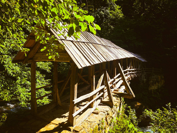 Khabelashvilebi timber reel bridge in summer. Travel destination in Adjara. Close to Batumi travel spots - Fotografie, Obrázek