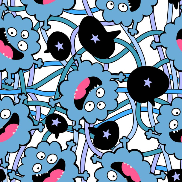 Cartoon monsters aliens seamless kids emoticons pattern for wrapping paper and festive accessories and school notebooks and fabrics and Halloween. High quality illustration - 写真・画像
