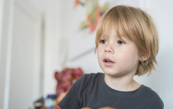 Close up portrait of cute blond child boy with pensive expression at home. - Valokuva, kuva