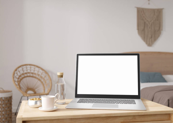 Laptop with blank white screen, on wooden table at home. Computer mock up. Free, copy space for app, game, web site presentation. Empty laptop screen ready for your design. Modern interior. 3D render - Foto, Imagem