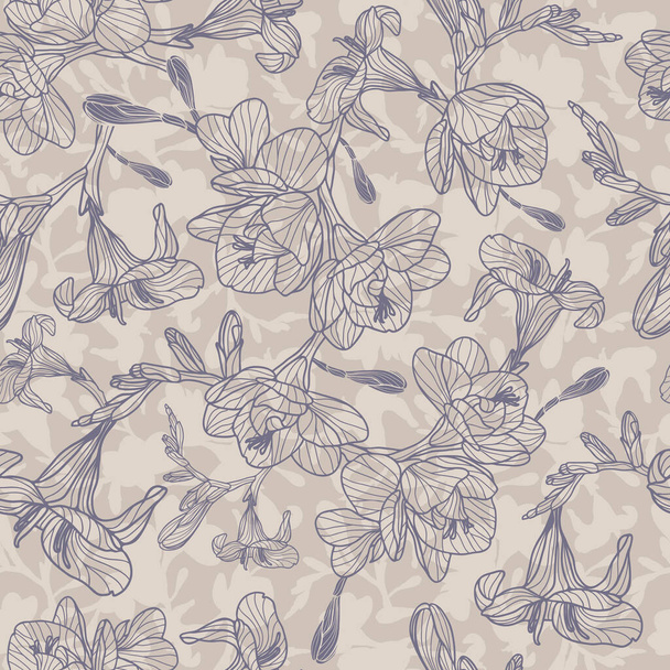 Elegant freesia hand drawn seamless vector pattern in grey and dark blue. Great for retro  wallpaper, backgrounds, home decor and autumn fashion fabrics. - Vetor, Imagem