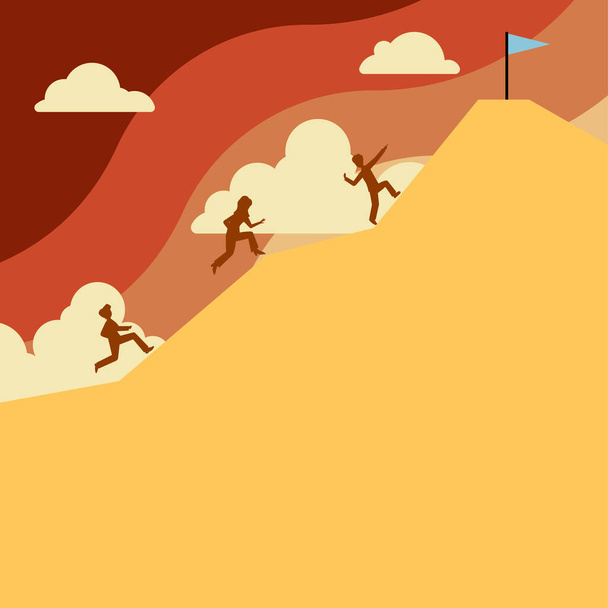 Group Of People Climbing On Mountain To Reach Goal With Flag On Top. - Vector, Imagen