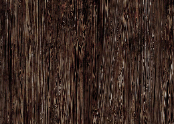 Dirty dark brown wooden surface. Grunge wood laminate texture with pine texture creepy darker on some part. Retro vintage plank floor with tree branches and stripes - Foto, Imagem