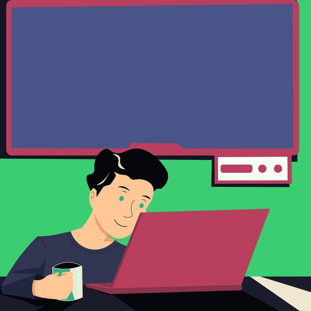 Man Holding Cup, Looking On Lap Top And Presenting News On Tv Behind. - Vector, Image