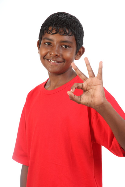 OK signal by young smiling teenager boy in studio - Photo, image