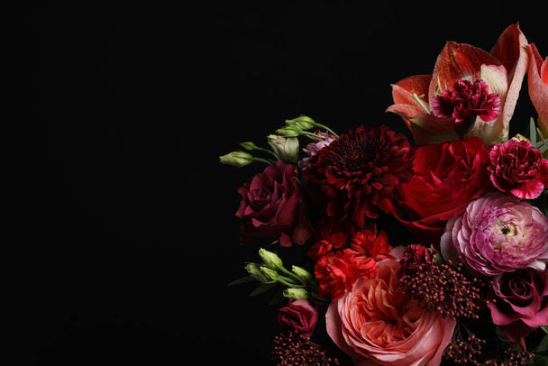 Beautiful fresh flowers on dark background, space for text - Fotoğraf, Görsel