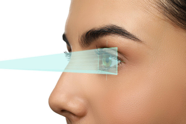 Closeup view of woman and mark illustration on her eye. Vision correction surgery - Valokuva, kuva