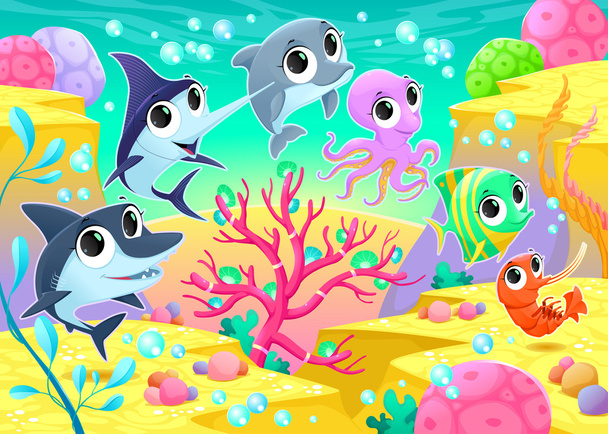 Смешные морские животные под водой
 - Вектор,изображение