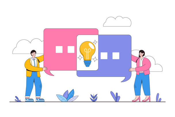 Good communications skills, speak to explain thinking, brainstorm in meeting, work discussion and receive information concept. Businesspeople talk with connect speech bubble and create lightbulb idea. - Vektor, obrázek