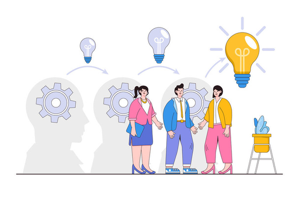 Sharing business ideas, colleagues exchange information, collaboration to thinking together concepts. Businesspeople discussing to transfer knowledge between head with gears until reaching lightbulb. - Vetor, Imagem