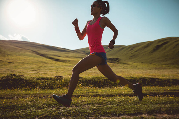 Young fitness woman trail runner running on high altitude grassland - Фото, зображення
