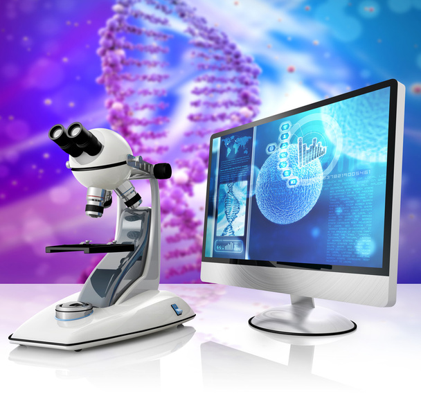 Microscope and computer on scientific abstract background - Foto, imagen