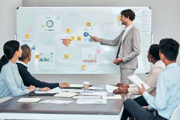 Business leader or coach presenting financial or marketing budget report, accounting statistics or sales charts on white board. Company finance growth strategy and project management team meeting - Foto, Imagen