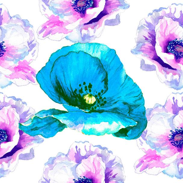 Watercolor seamless pattern. Watercolor poppies, hand drawn floral illustration, wildflowers isolated on white background. - Photo, Image