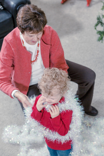 Babička a vnuk, zdobení vánočního stromu - Fotografie, Obrázek