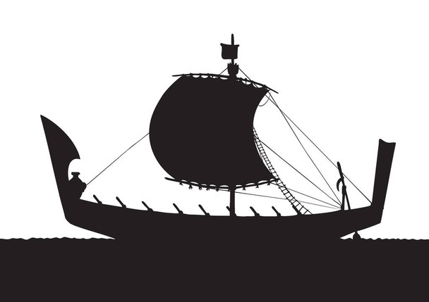 Archaïsche afgelopen eeuw Etruskische oar bireme doek kleding galliass voor merchant handel of kolonisatie geïsoleerd op een witte achtergrond. Zwarte inkt getekend logo teken pictogram in retro contour afdrukken kunststijl - Vector, afbeelding