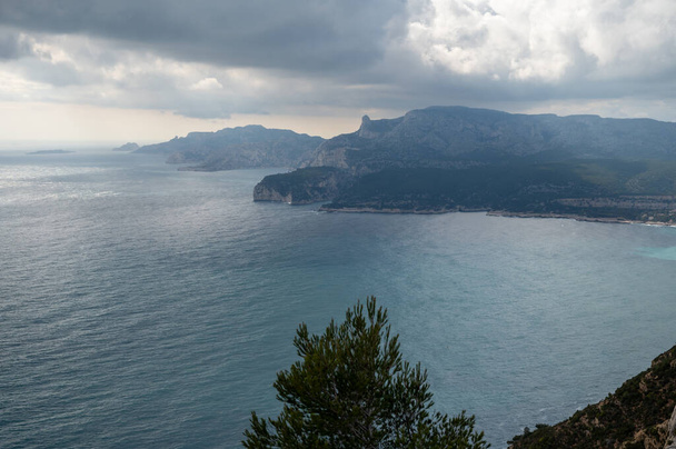 Touristic route D141 road from La Ciotat to Cassis, panoramic view on blue sea, limestone's cliffs and green pine forest, vacation in Provence, France - Foto, imagen