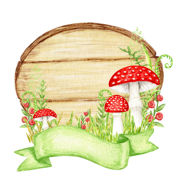 Amanita muscaria watercolor wooden signboard frame with ribbon banner, Fly agaric mushroom with grass, wood banners, planks, board. White spotted toxic red mushrooms. Hand drawn Illustration. - Photo, image