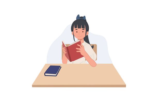 Ένα κορίτσι με φοιτητική στολή διαβάζει ένα βιβλίο. Ασιάτης φοιτητής. Εικονογράφηση διανύσματος. - Διάνυσμα, εικόνα