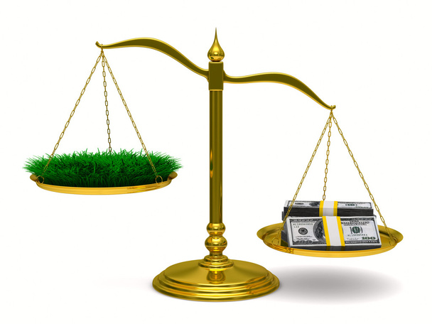 Grass and money on scales. Isolated 3D image - Фото, изображение