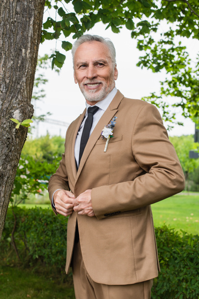 bearded middle aged groom adjusting beige blazer with boutonniere and smiling in green park  - Photo, Image