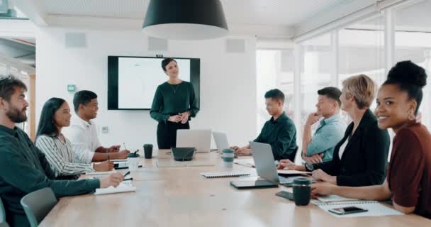 Business people and manager in a team meeting with a successful, smiling group portrait in a boardroom or modern workplace. corporate woman doing a presentation on teamwork, innovation and leadership. - Imágenes, Vídeo